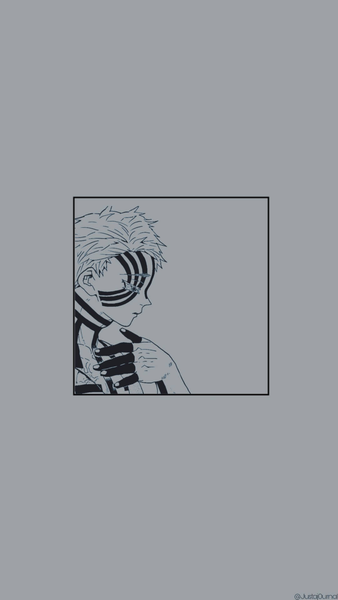 Demon Slayer Black And White 桌布 壁紙 — 一個極簡黑白動漫角色，臉上帶有條紋，頭髮尖刺，位於灰色背景上的帶框正方形內。