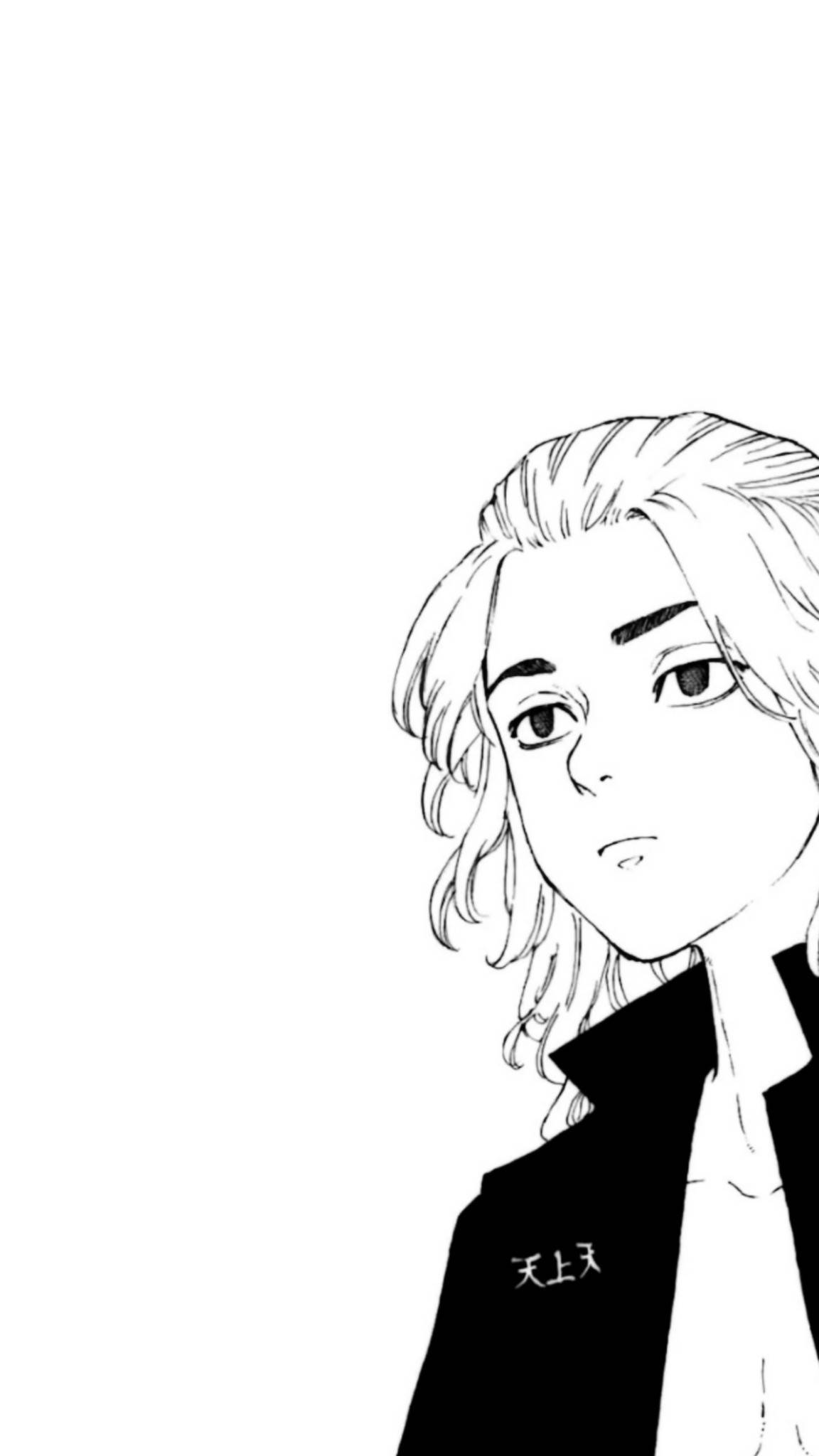 mikey 桌布 壁紙 — 一個極簡黑白動漫風格肖像，描繪一位擁有波浪髮型、穿著帶有漢字文字外套的年輕人。