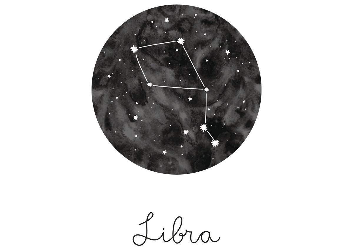 libra 桌布 壁紙 — 一個極簡黑白圓形插圖，描繪天秤座星座，包含星星和星雲。