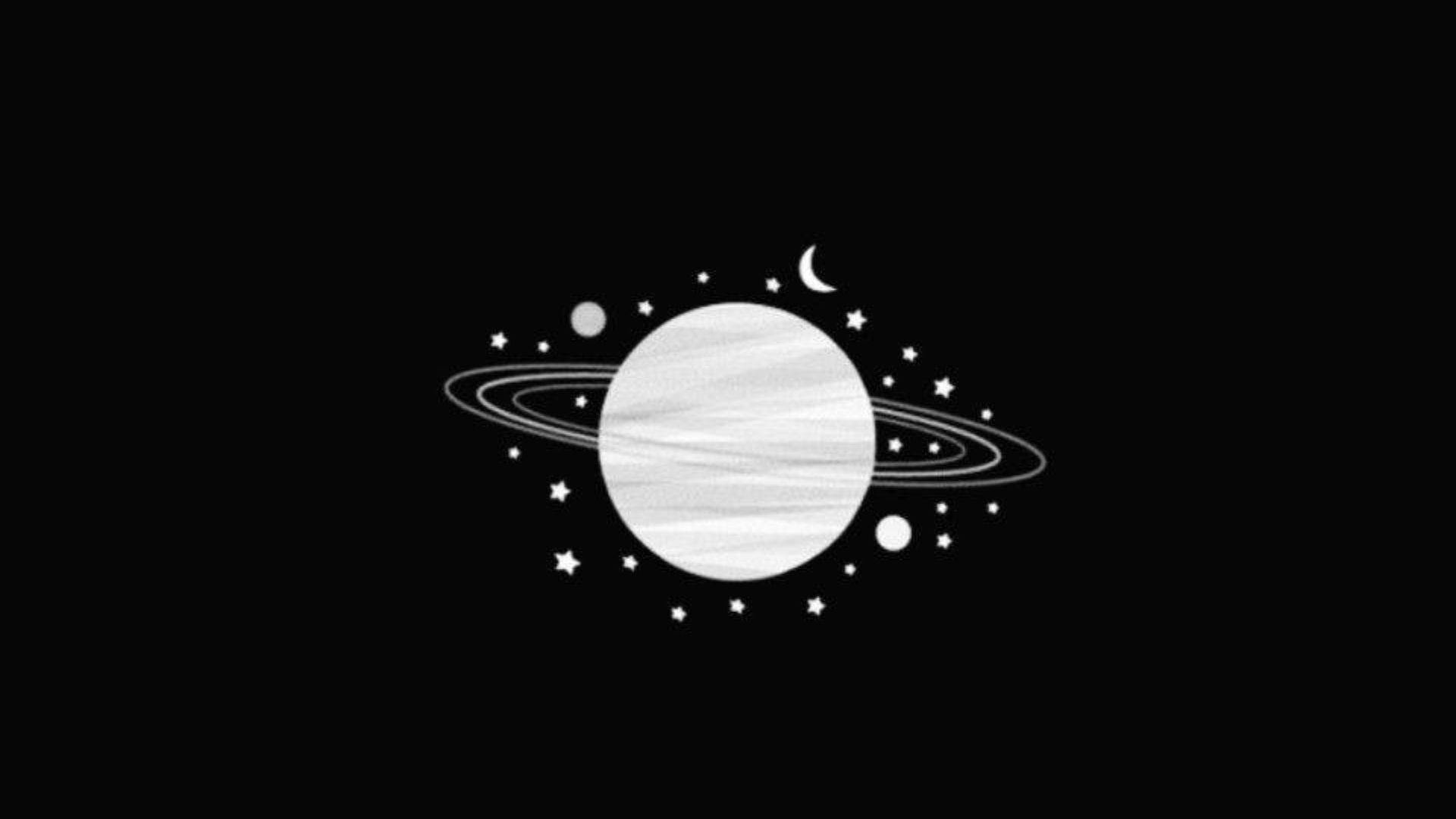 桌布 壁紙 — 一個極簡黑白插圖，描繪一顆帶環行星，周圍環繞星星和彎月，背景為黑色虛空。