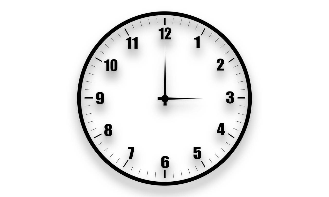 Clock 桌布 壁紙 — 一個極簡黑白模擬掛鐘，在純白背景上準確顯示三點鐘。