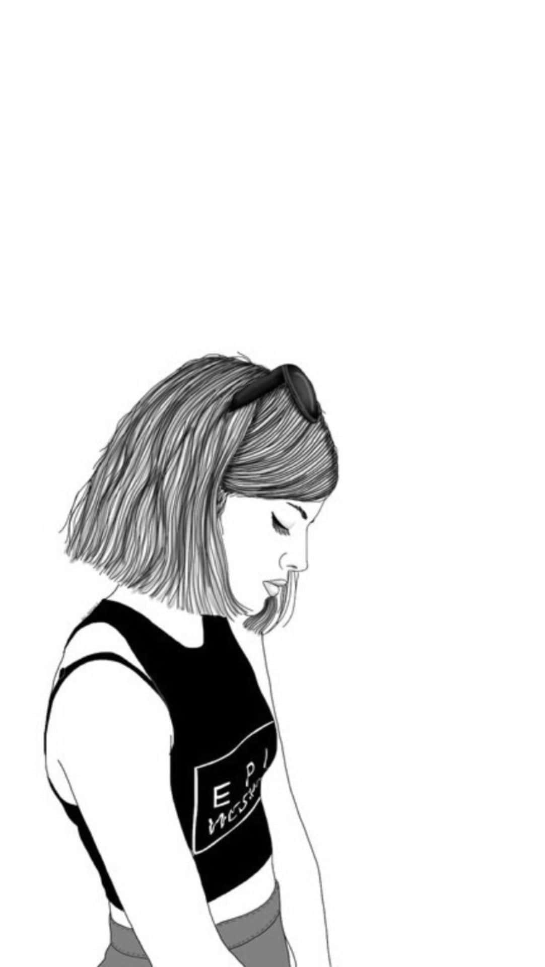 桌布 壁紙 — 一個極簡黑白線條畫，描繪一位短髮、頭上戴著太陽眼鏡的年輕女子，低頭向下看。