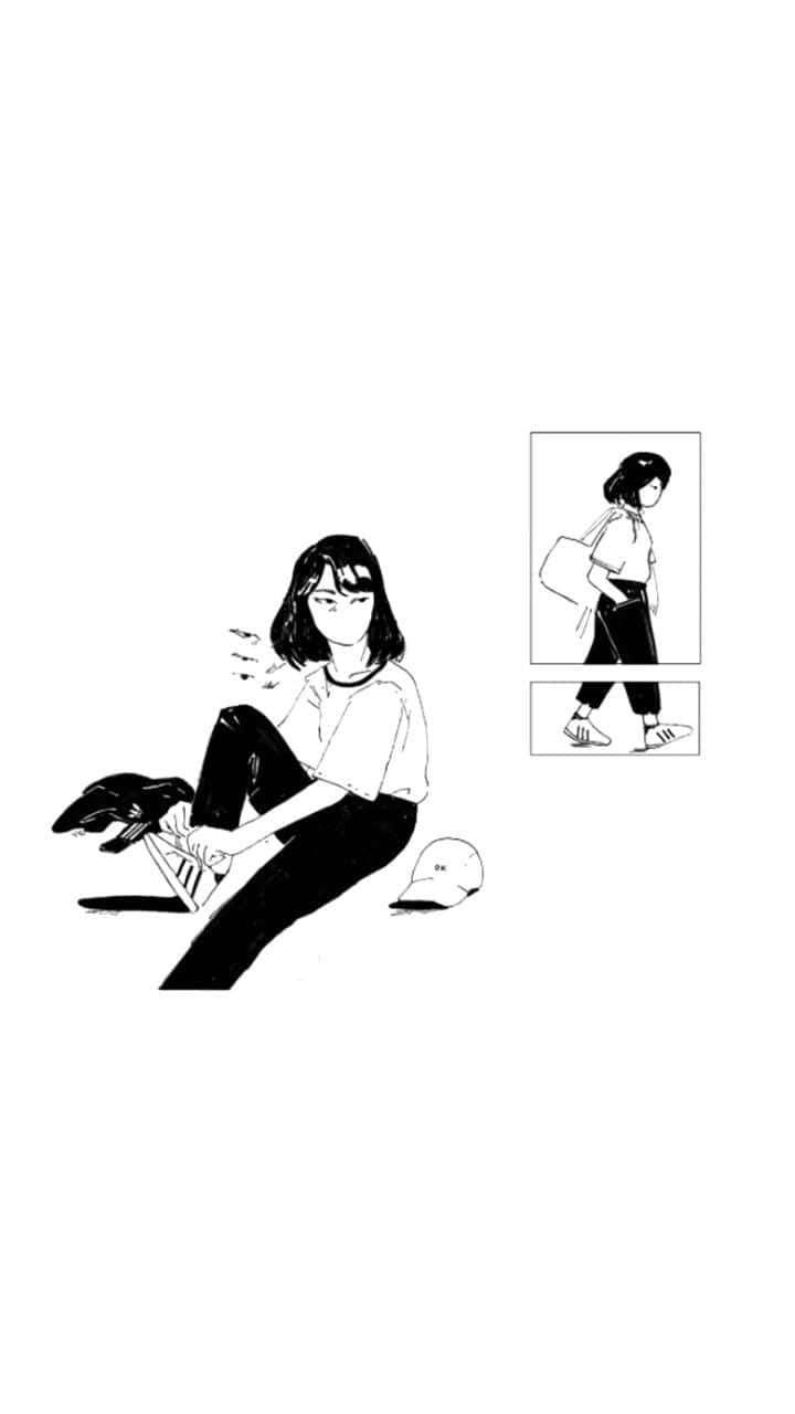 桌布 壁紙 — 一個極簡黑白線條藝術插圖，描繪一個女孩繫鞋帶，並有兩個較小的面板顯示她走路和提著袋子。