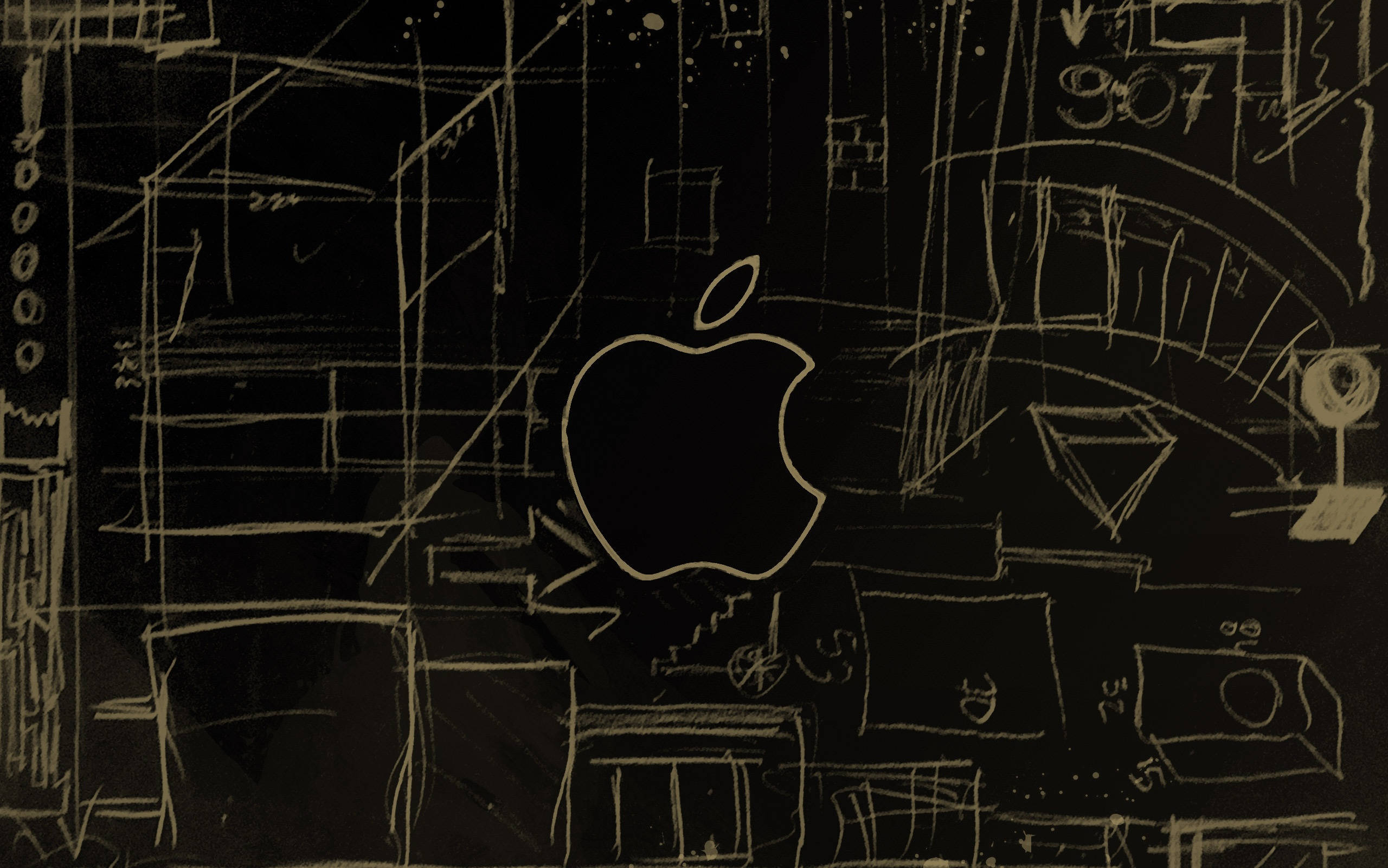 Chalkboard 桌布 壁紙 — 一個極簡黑白草圖，Apple 標誌被抽象建築線條和數字包圍。