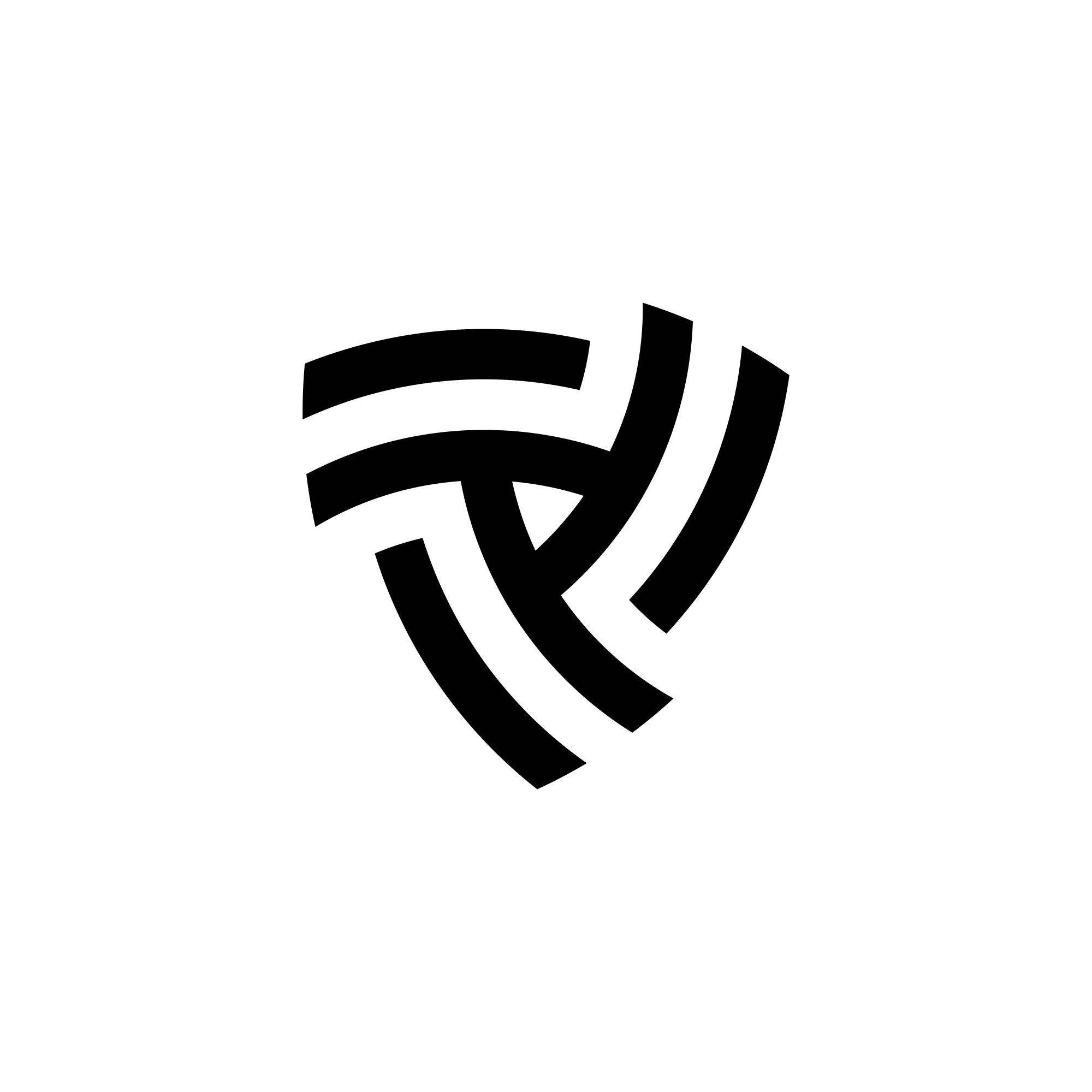 Triskelion 桌布 壁紙 — 一個極簡黑色抽象標誌，以彎曲線條在白色背景上形成盾牌形狀。