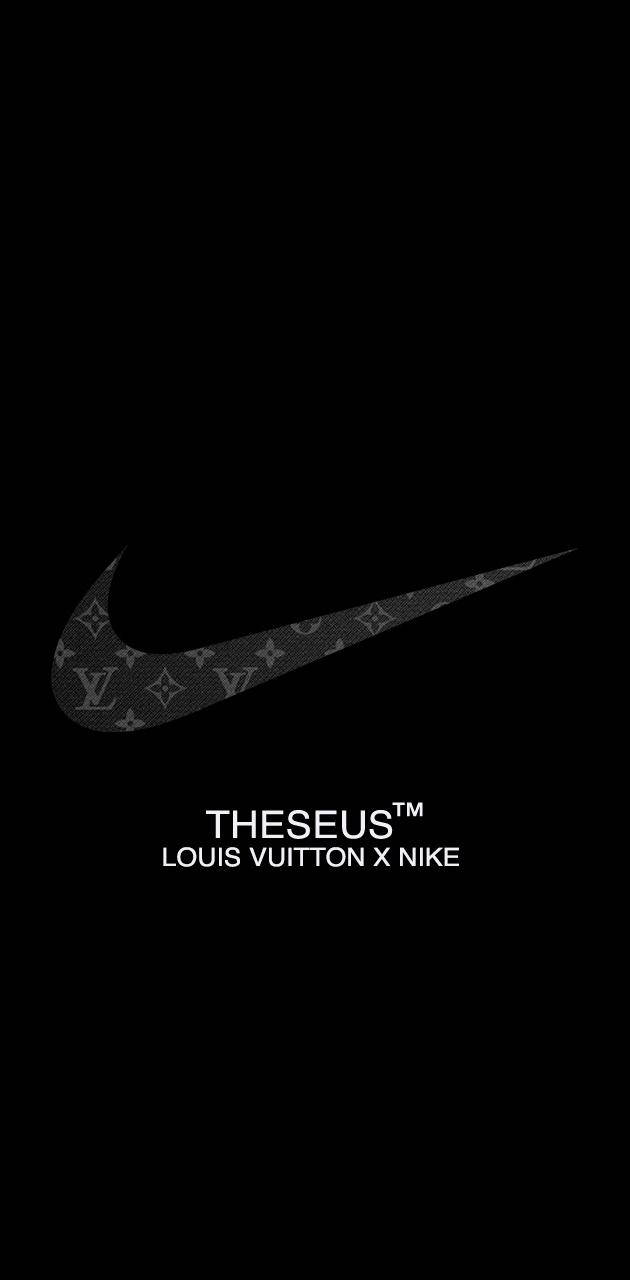 Swoosh 桌布 壁紙 — 一個極簡黑色桌布，帶有填充路易威登字母圖案的Nike勾勾，下方有白色文字。