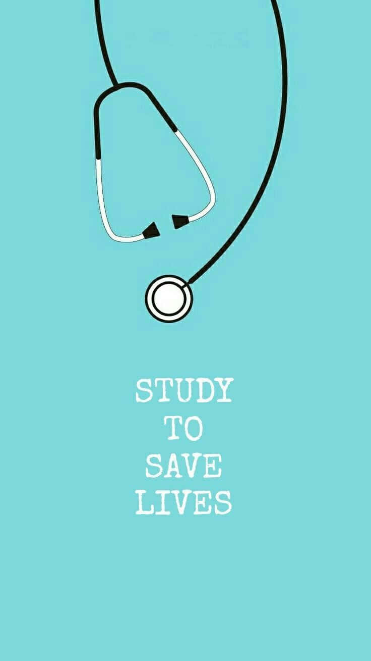 桌布 壁紙 — 一個極簡黑色聽診器掛在純青色背景上，下方有文字 study to save lives。