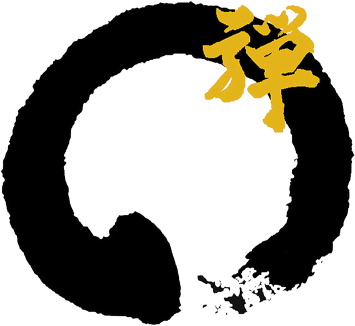 禪 桌布 壁紙 — 一個極簡黑色背景，右上角有一個白色筆觸圓圈，內含一個金色的日文漢字「禪」。