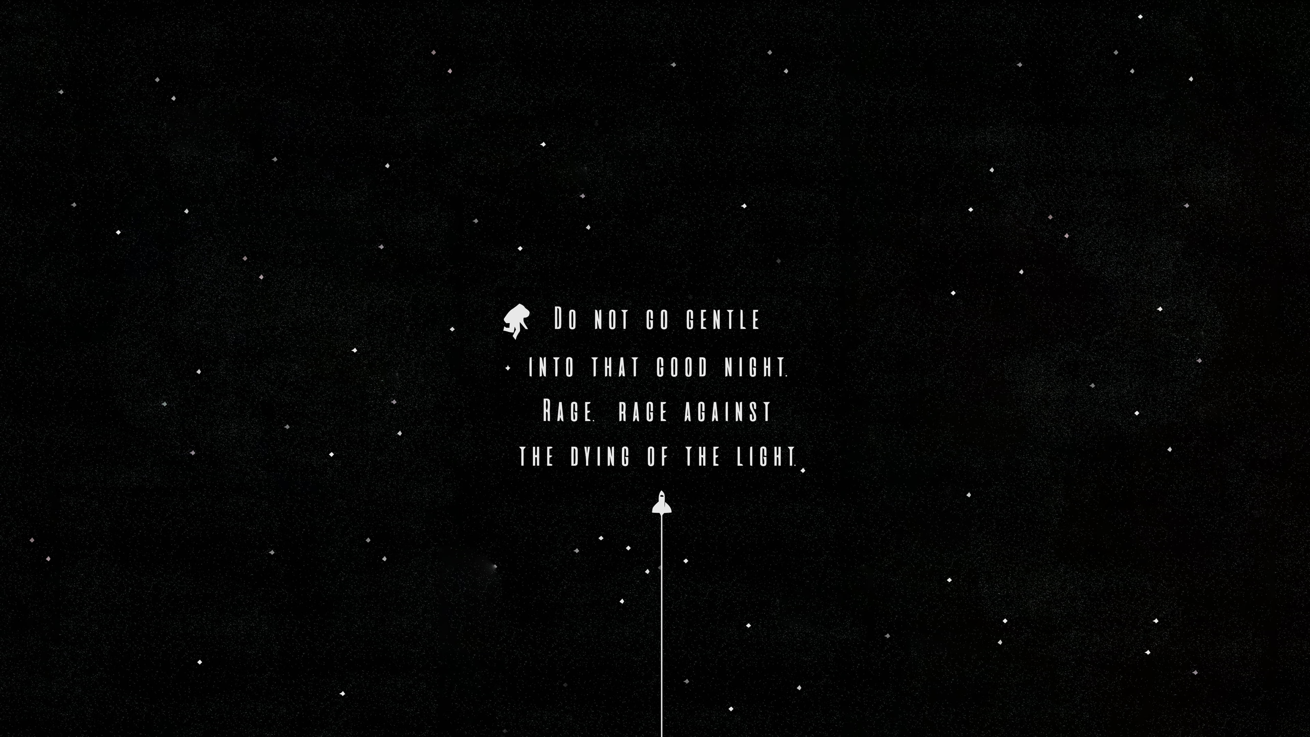 星際效應 桌布 壁紙 — 一個極簡黑色背景，散落著白色星星，中央有白色文字引用關於抵抗死亡，附有小人物和箭頭。