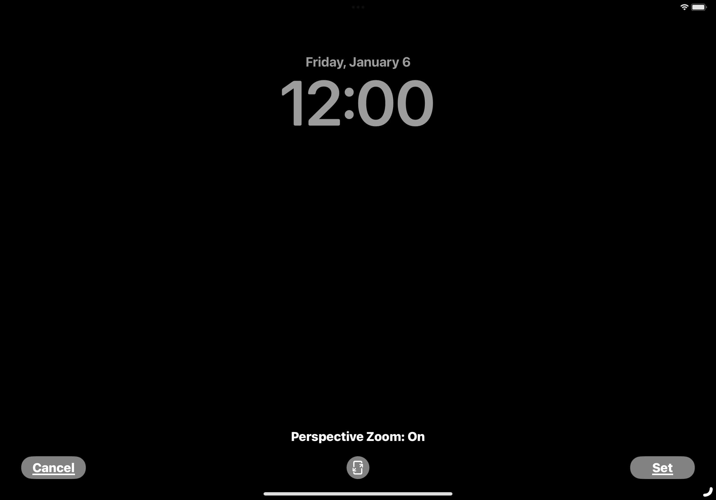 Screen 桌布 壁紙 — 一個極簡黑色螢幕，在裝置介面上顯示時間、日期和透視縮放設定。