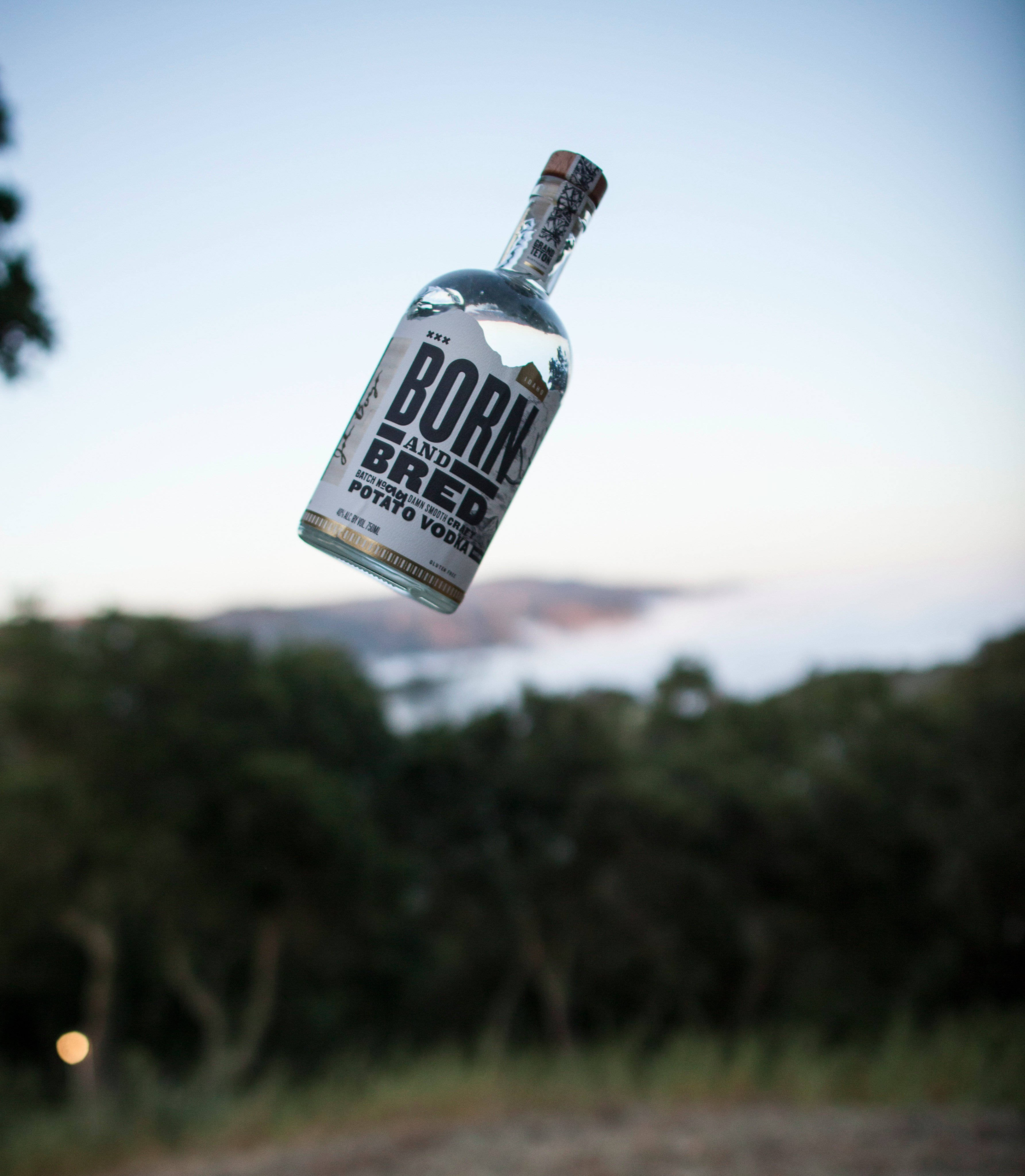 Drink 桌布 壁紙 — 一個標有 'BORN AND BRED' 的透明伏特加酒瓶懸浮在半空中，背景是朦朧海岸景觀上柔和的暮色天空。