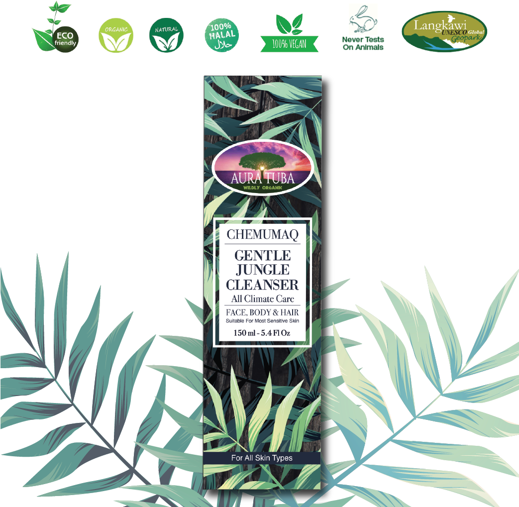 叢林 桌布 壁紙 — 一個標有 'Chemumaq Gentle Jungle Cleanser' 的產品瓶，被風格化的熱帶葉子包圍，背景為黑色。