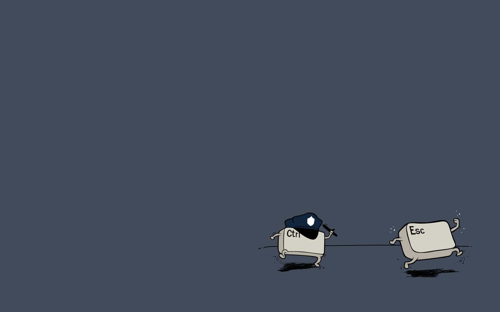 Minimalist Technology 桌布 壁紙 — 一個標有 Ctrl 的卡通警察鍵在深灰色背景上追趕一個標有 Esc 的逃脫鍵。