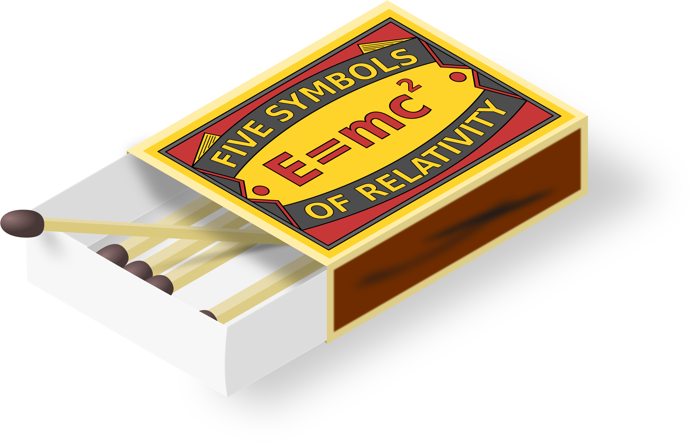 火焰動畫 桌布 壁紙 — 一個標有「FIVE SYMBOLS E=mc² OF RELATIVITY」的火柴盒，部分火柴被拉出，背景為黑色。