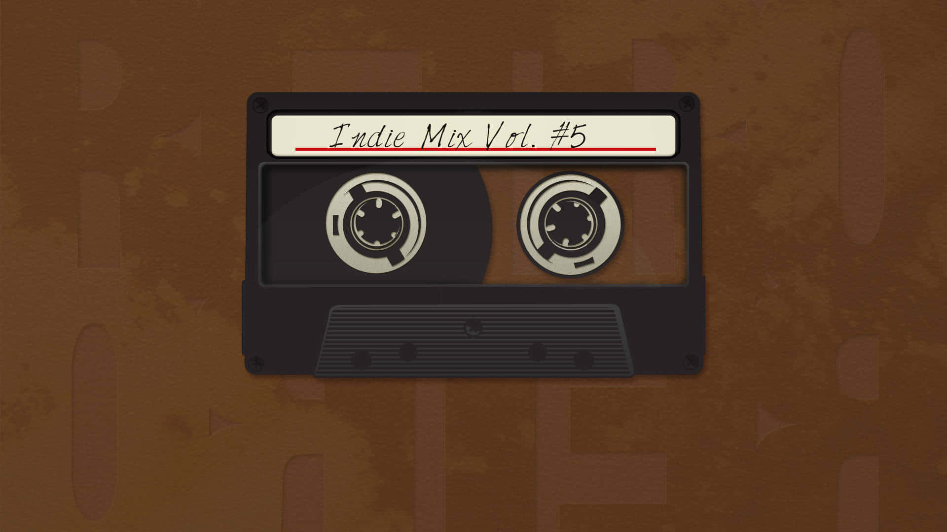 Minimalist Vintage 桌布 壁紙 — 一個標有 'Indie Mix Vol. #5' 的復古黑色卡式錄音帶，放置在帶有微妙幾何圖案的紋理棕色背景上。