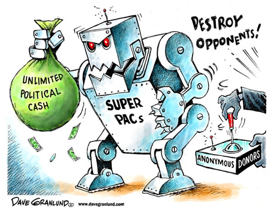 金融 桌布 壁紙 — 一個標有「SUPER PACs」的卡通機器人拿著一袋「無限政治現金」，同時一隻手按下標有「匿名捐贈者」的按鈕來「摧毀對手」。