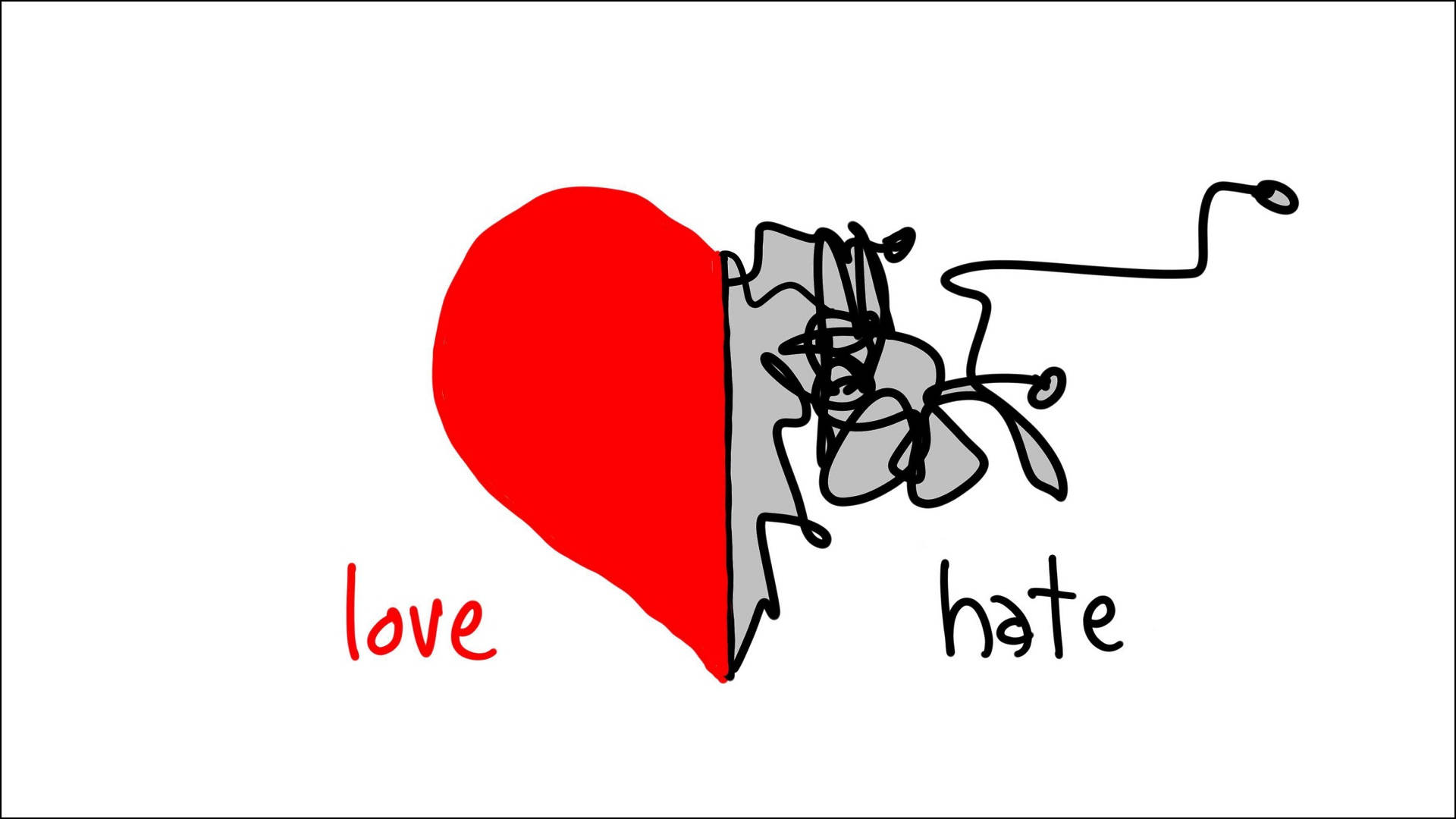 hate 桌布 壁紙 — 一個標有「愛」的紅色心形被標有「恨」的雜亂塗鴉分割，背景為白色。