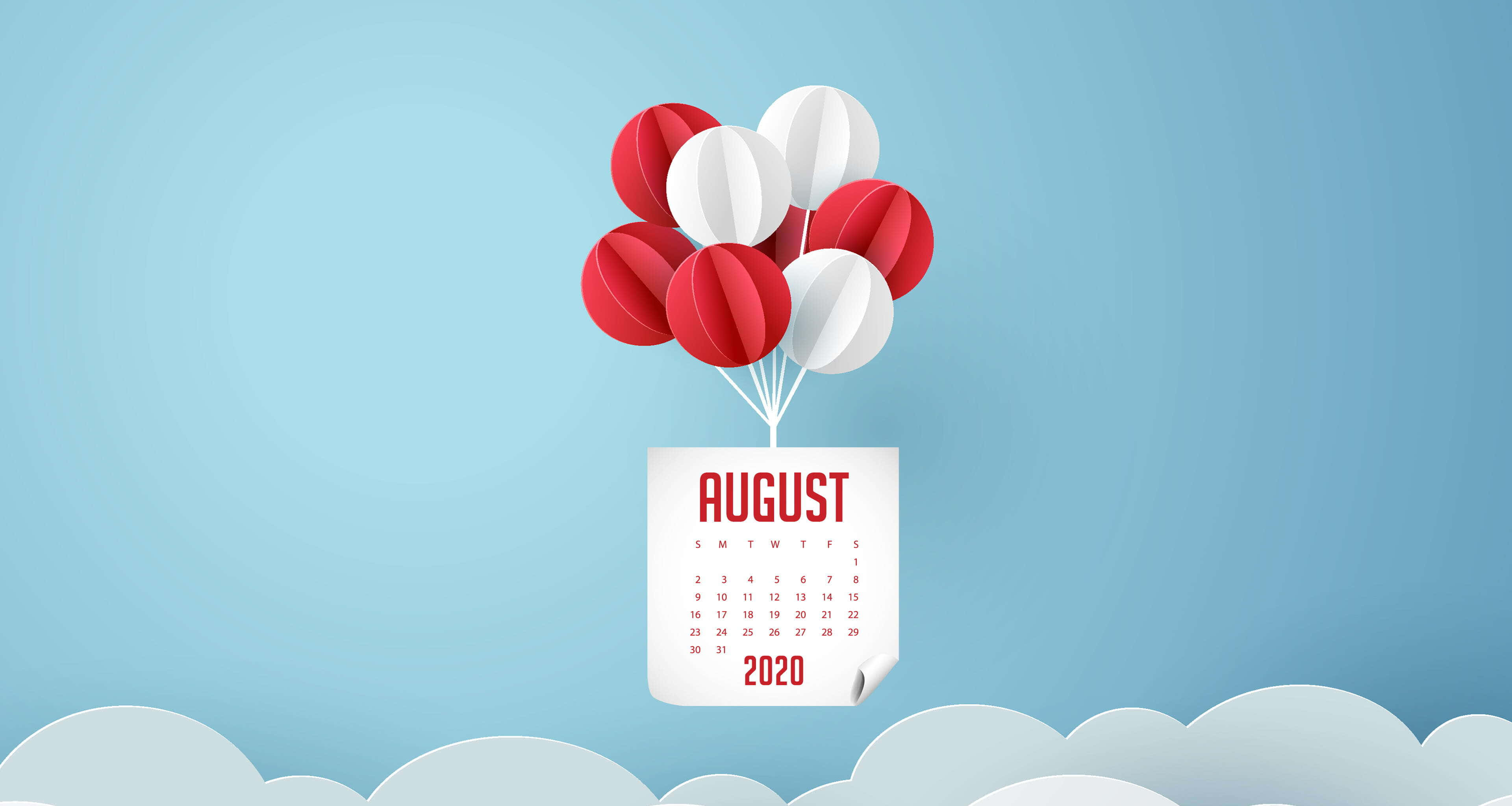 August 桌布 壁紙 — 一個標有2020年8月的紙質日曆，綁著紅色和白色的氣球，在帶有風格化雲朵的柔和藍天中向上飄浮。