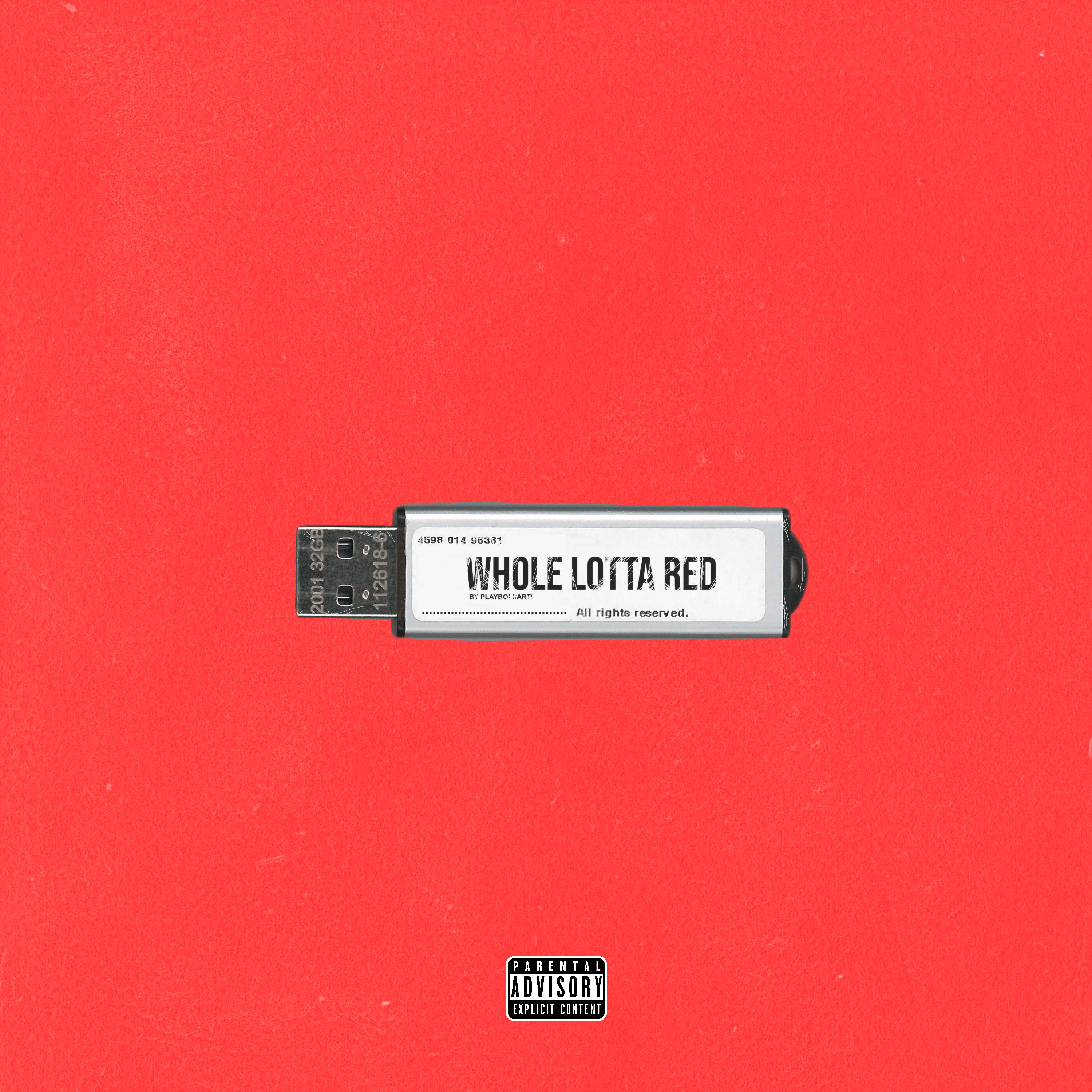 Album Cover 桌布 壁紙 — 一個標有Playboi Carti 'WHOLE LOTTA RED' 的USB隨身碟，居中放置在帶有紋理的紅色背景上，下方有一個家長指引貼紙。