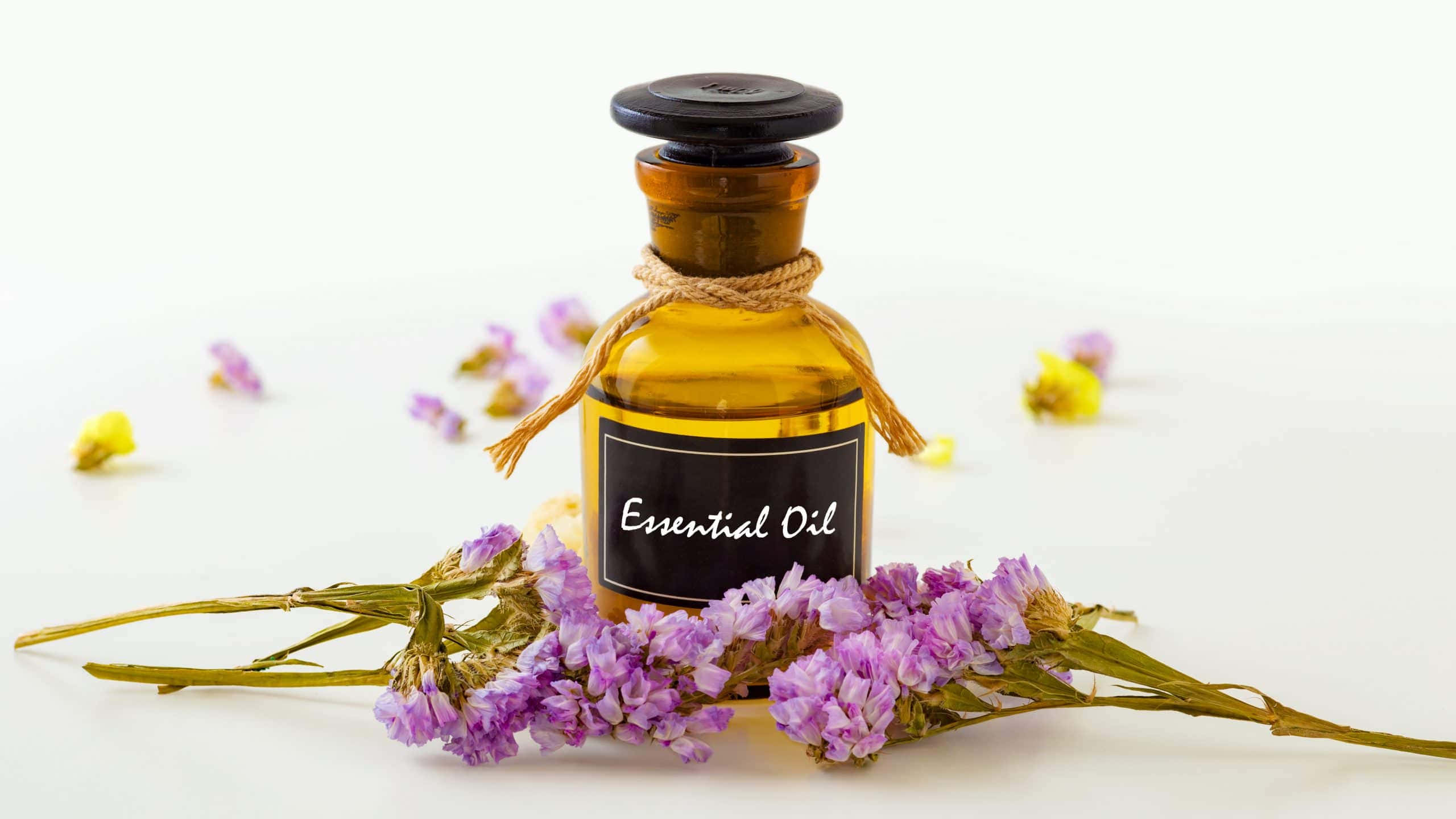 Essential Oil 桌布 壁紙 — 一個標籤為精油的琥珀色玻璃瓶，被乾燥的紫色花朵環繞，放在白色背景上。