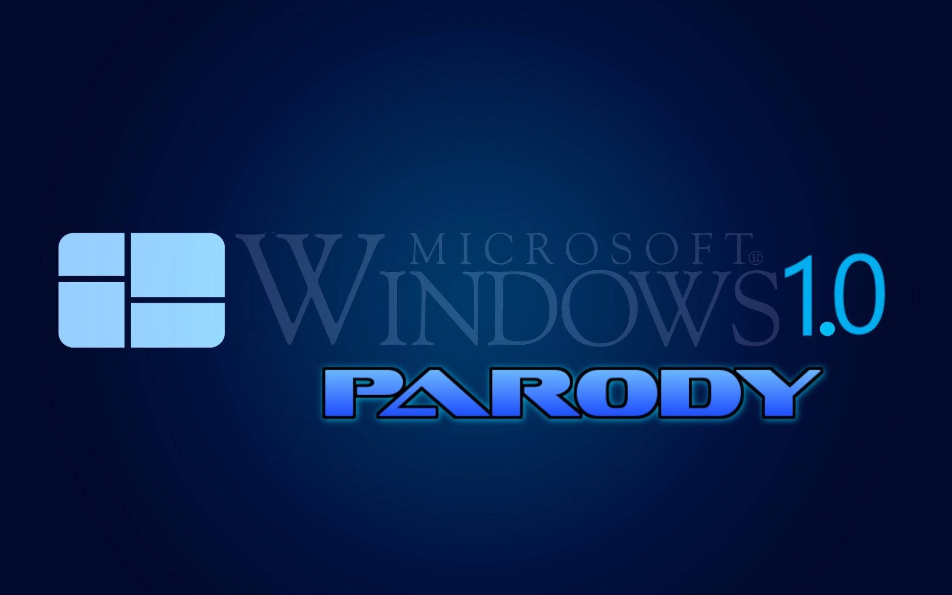 Windows 10 桌布 壁紙 — 一個模仿 Windows 1.0 的標誌，帶有發光的藍色文字和圖標，背景為深藍色漸變。