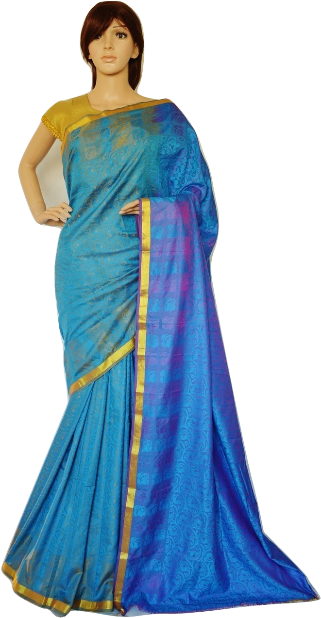 Saree 桌布 壁紙 — 一個模特兒人形展示一件鮮豔藍紫色絲綢紗麗，帶有金色邊框和精緻編織圖案，背景為黑色。