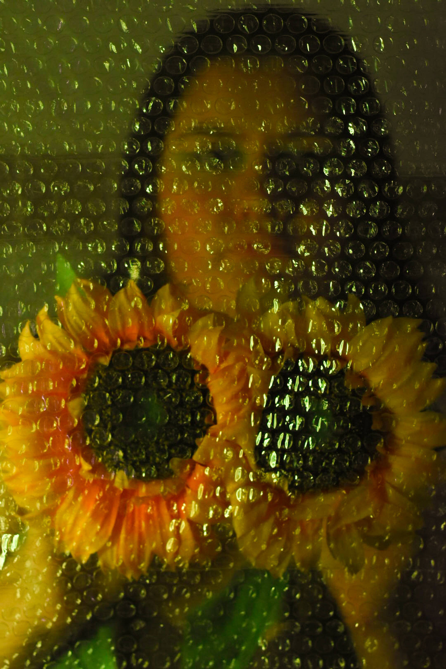 Sunflower Aesthetic 桌布 壁紙 — 一個模糊的人透過有泡泡紙紋理的窗戶凝視著在溫暖金色光芒中閃耀的鮮豔向日葵。