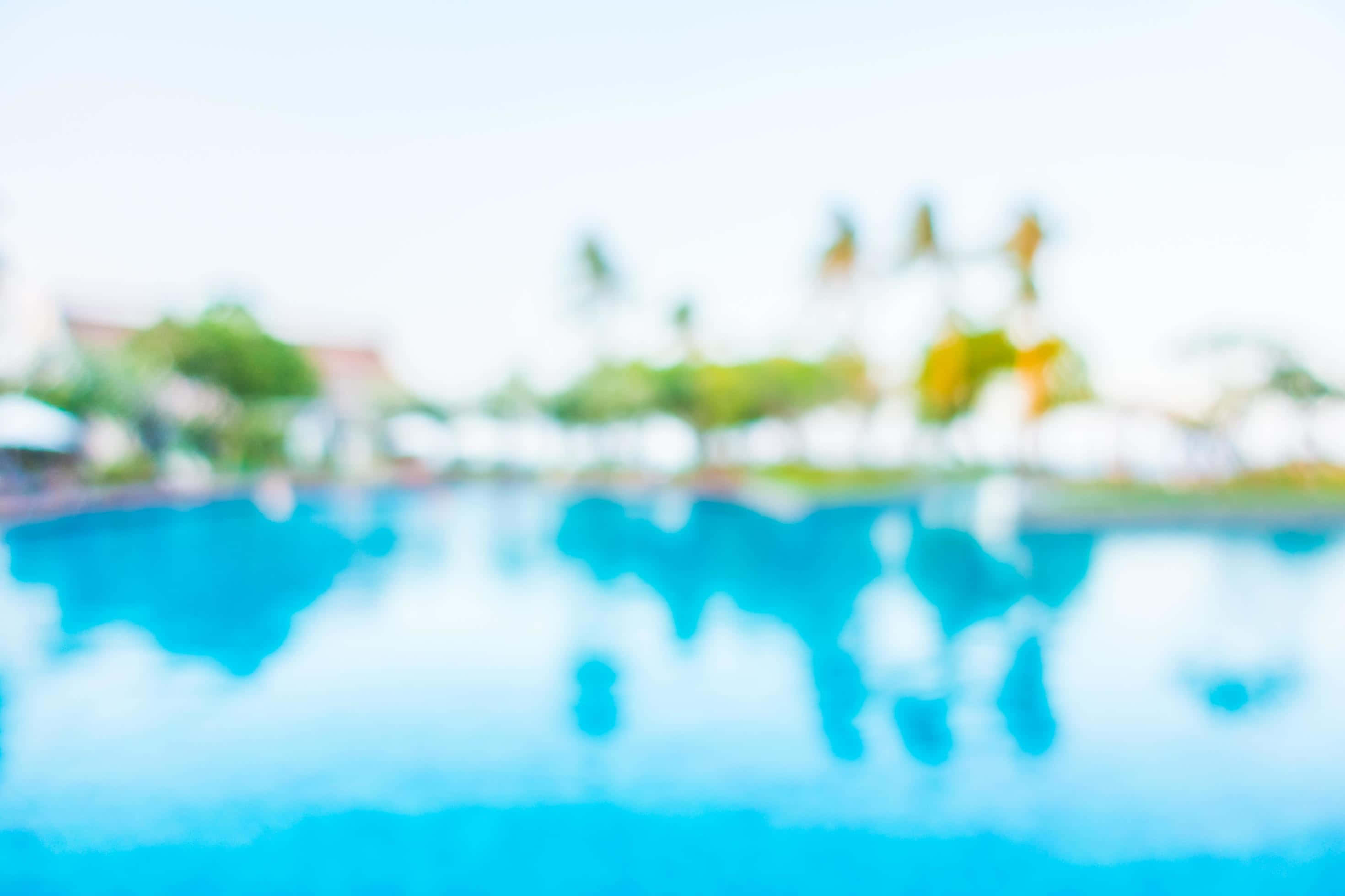 Swimming Pool 桌布 壁紙 — 一個模糊的熱帶泳池以柔和的藍綠色調反射棕櫚樹和天空。