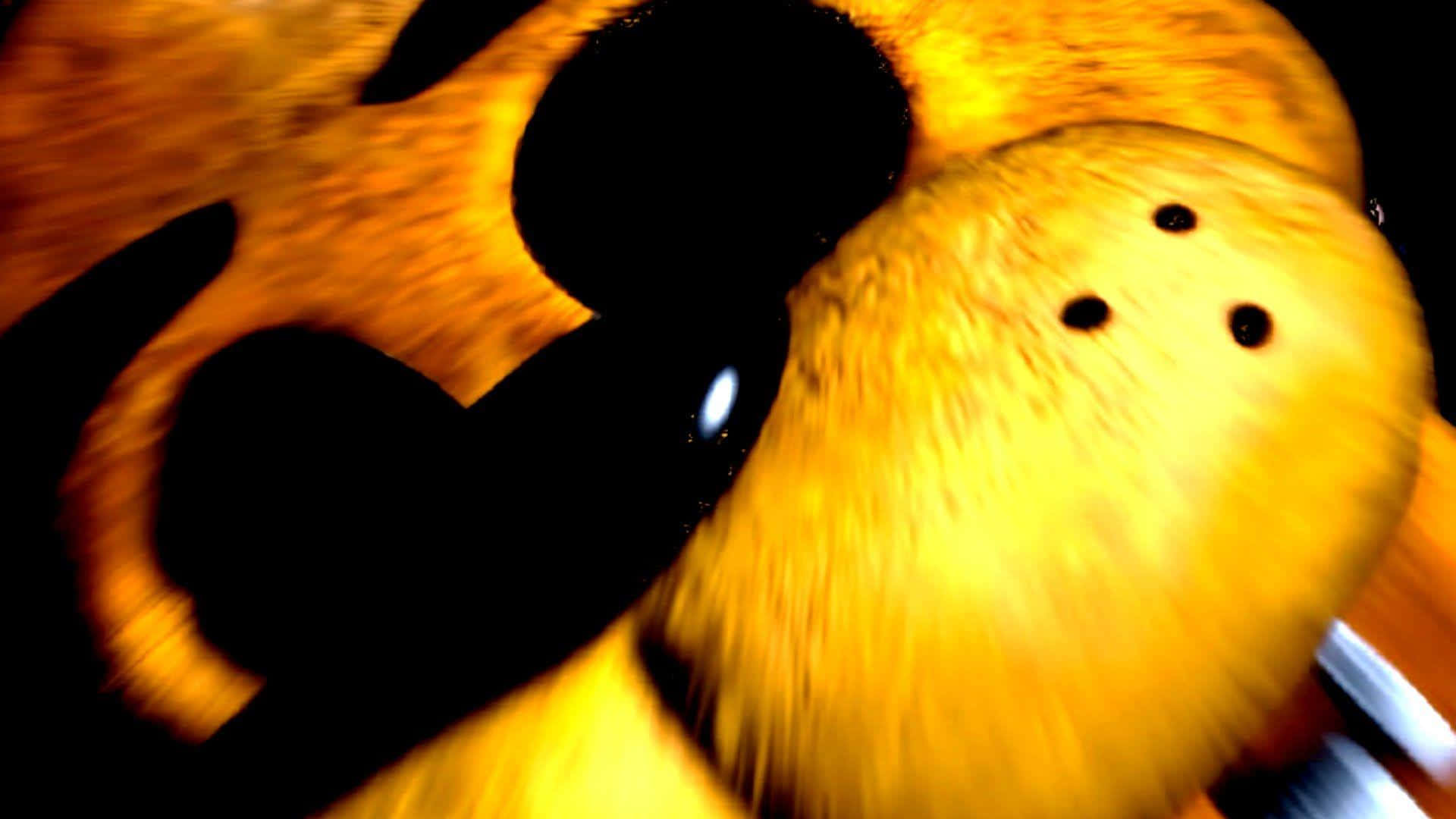Golden Freddy 桌布 壁紙 — 一個模糊的特寫，是一個黃色毛絨玩具，有黑色眼睛和黑色鼻子，背景是深色。