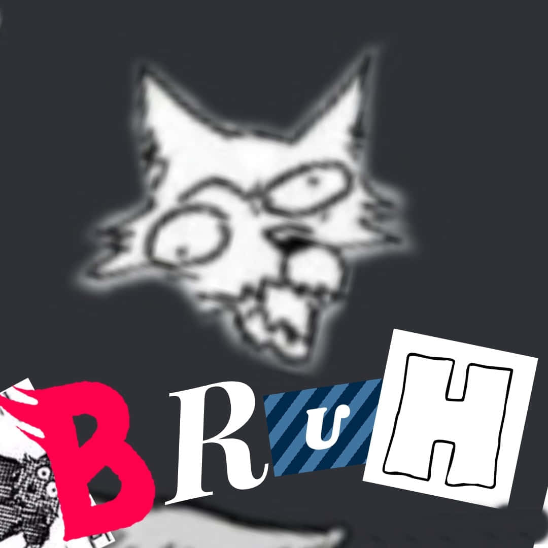 meme 桌布 壁紙 — 一個模糊的白色卡通貓臉出現在深灰色背景上，粗體風格文字拼寫 BRUSH 的後面。