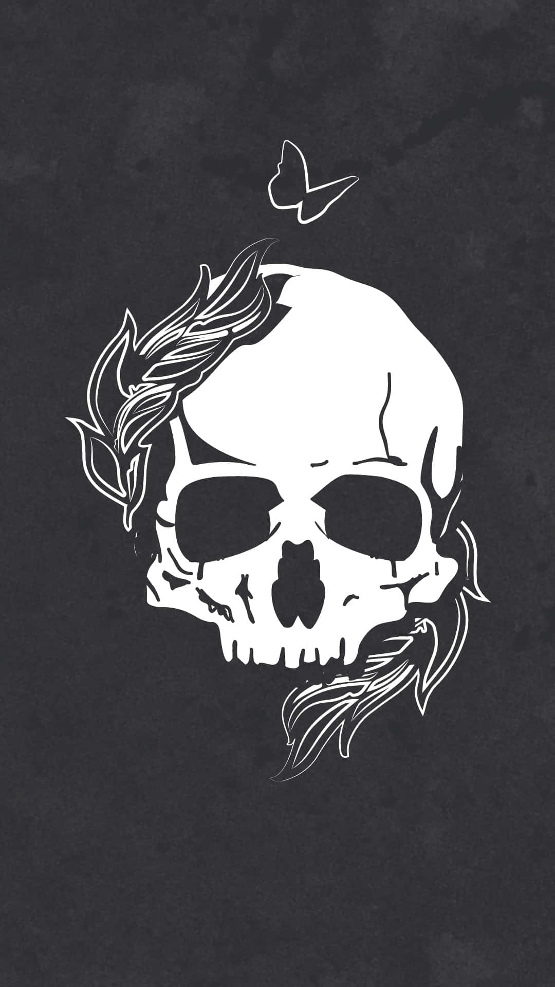 Memento Mori 桌布 壁紙 — 一個樸素的白色頭骨，飾有葉狀藤蔓和蝴蝶，背景為紋理深灰色。
