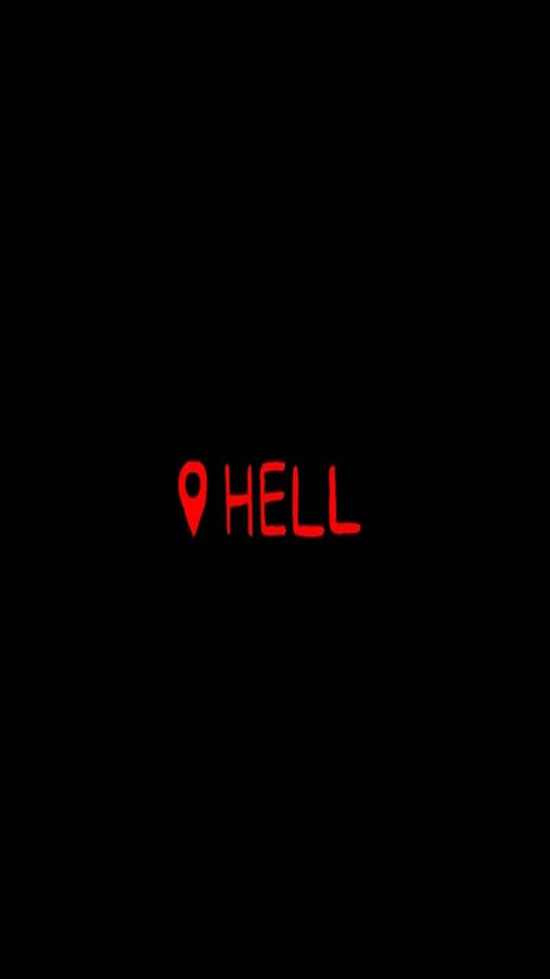 手機 桌布 壁紙 — 一個樸素的黑色背景上，紅色發光文字 HELL 旁邊有一個紅色位置圖釘符號。