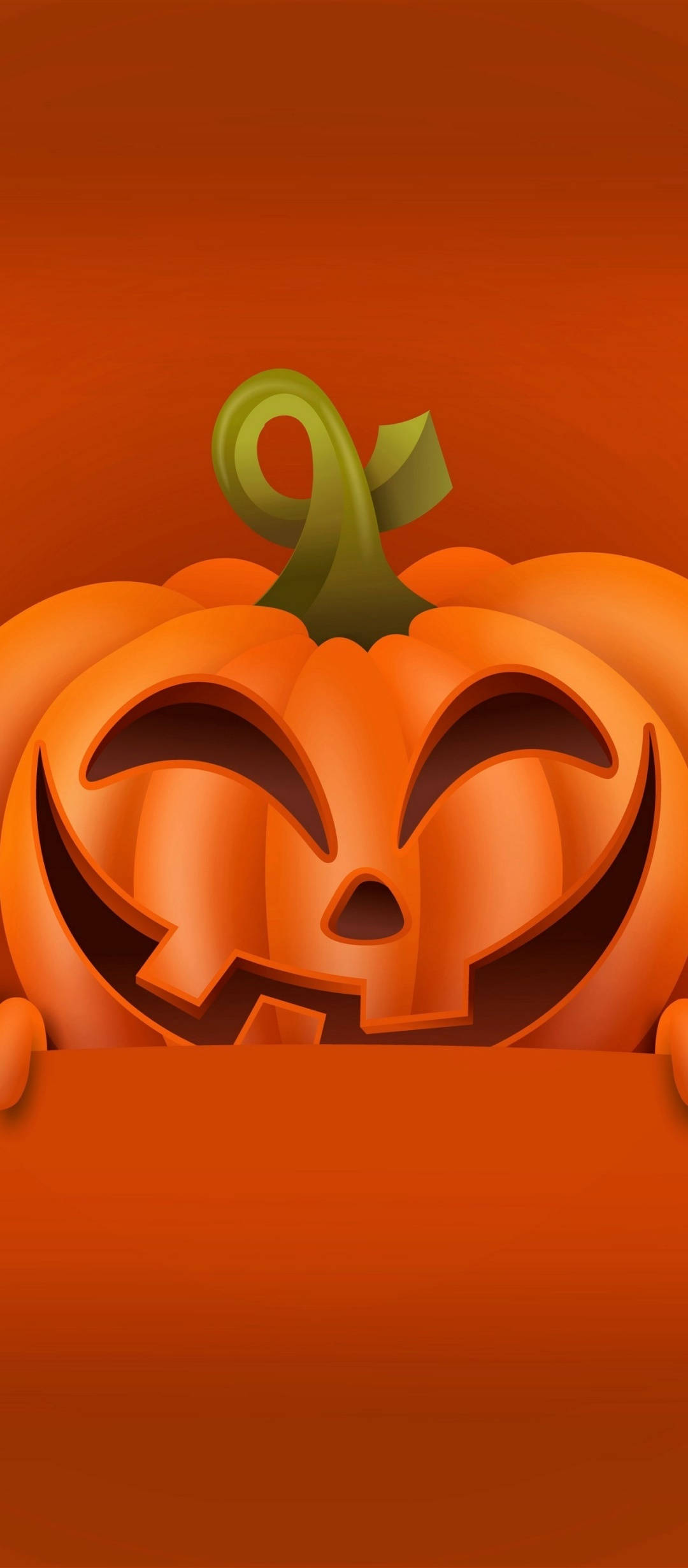 Cute Halloween Phone 桌布 壁紙 — 一個橙色、笑容燦爛、帶綠色莖的快樂南瓜燈，在溫暖漸變背景前從壁架後探出頭來。