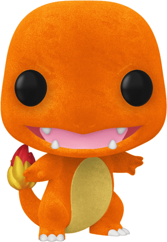 小火龍 桌布 壁紙 — 一個橙色、表情愉快的小火龍 Funko Pop 公仔，有大黑眼睛和火焰尾巴，站在黑色背景前。