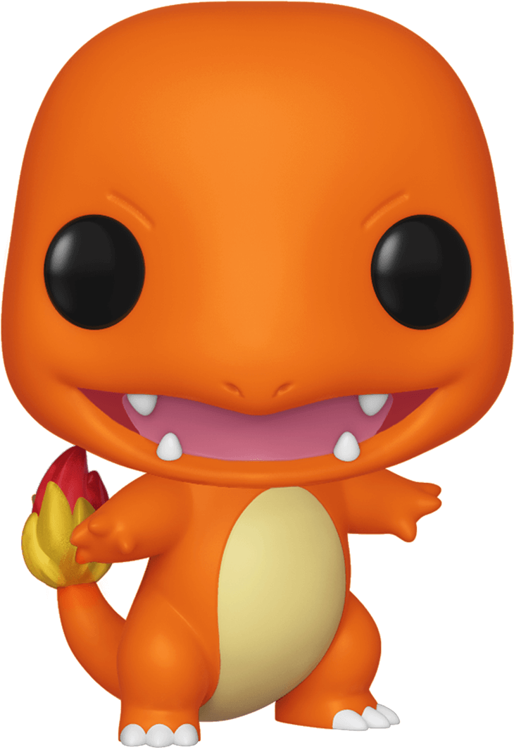 小火龍 桌布 壁紙 — 一個橙色、開心的 Charmander Funko Pop 公仔，有大黑眼睛和火焰尾巴，站在純色背景前。