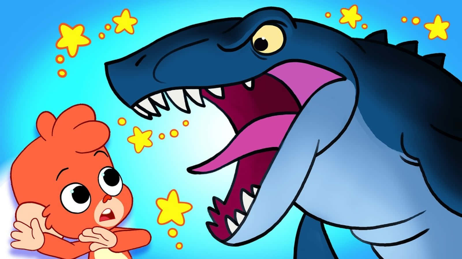 Dinosaur Cartoon 桌布 壁紙 — 一個橙色卡通嬰兒睜大眼睛抱住自己，而一隻藍色大恐龍在咆哮，周圍有星星爆發。