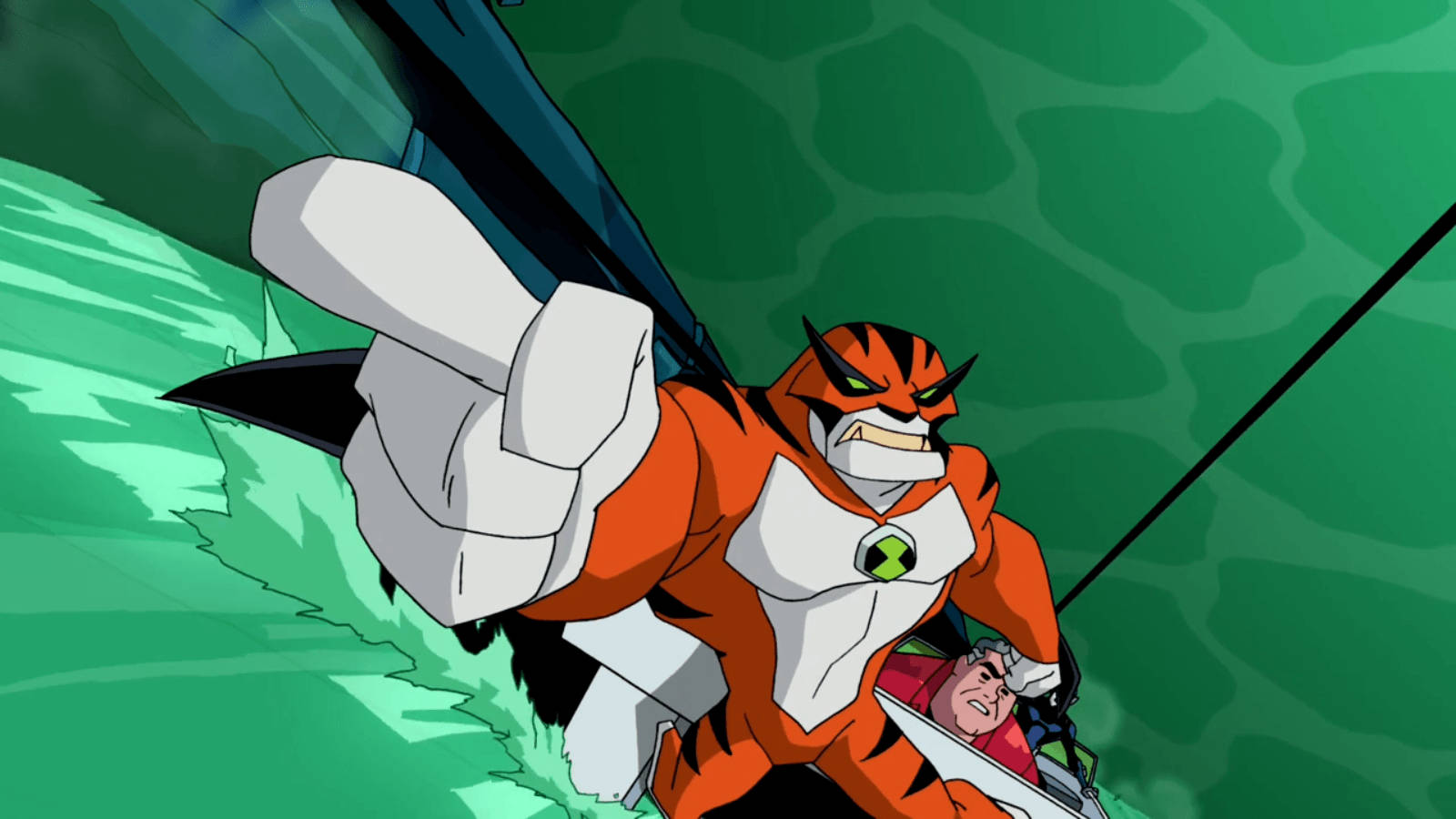Ben 10 桌布 壁紙 — 一個橙色和白色的動畫超級英雄，帶有老虎條紋和綠色標誌，在旋轉的綠色背景前指向前面。