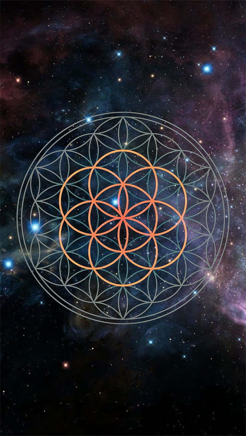 外太空 桌布 壁紙 — 一個橙色和銀色的發光生命之花符號，漂浮在帶有紫色和藍色雲層的星空宇宙星雲前。