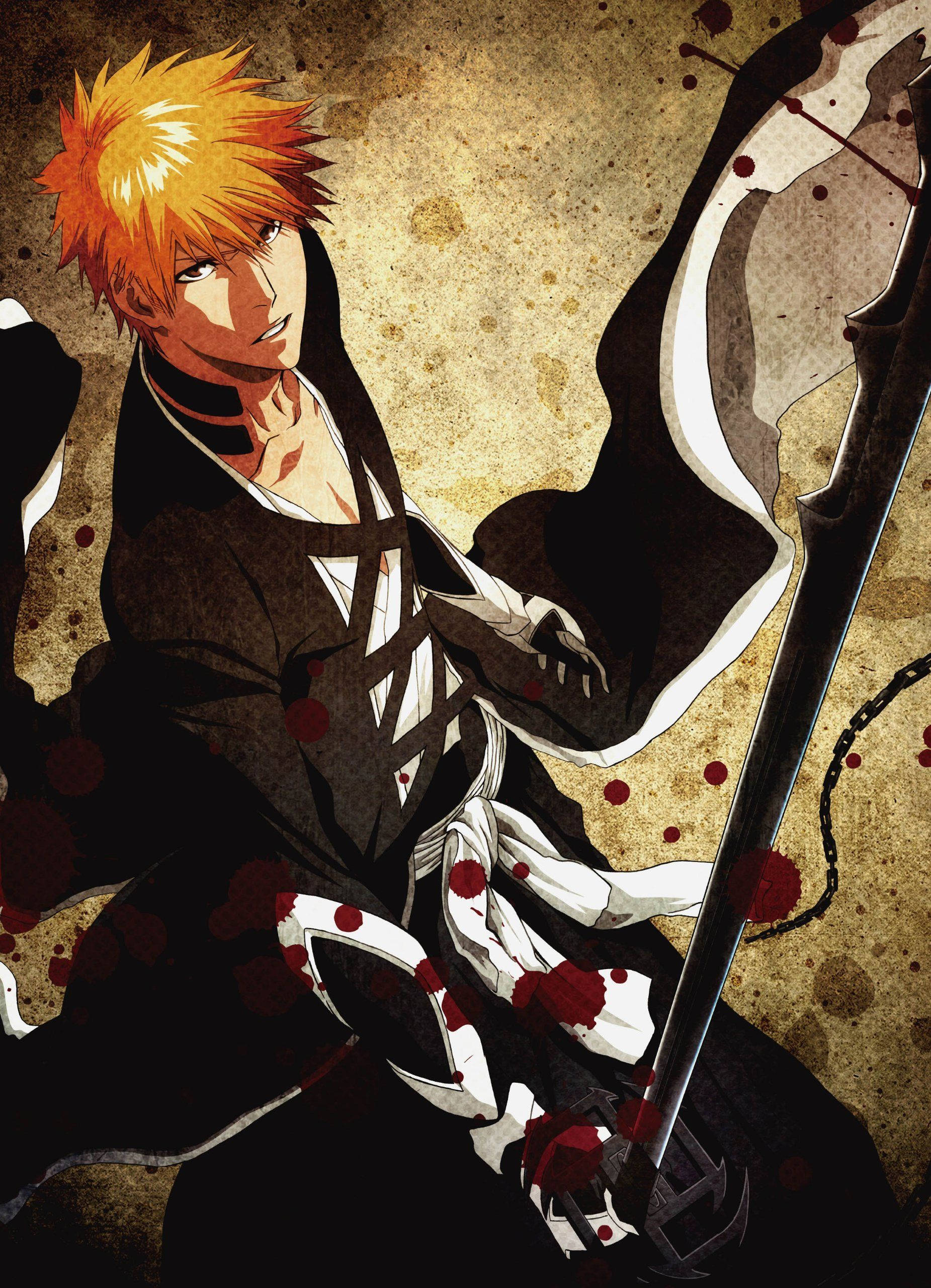 Bleach Ichigo 桌布 壁紙 — 一個橙色尖刺頭髮、身穿黑白服裝的動漫戰士，在紋理米色背景上握著一把沾血的劍。