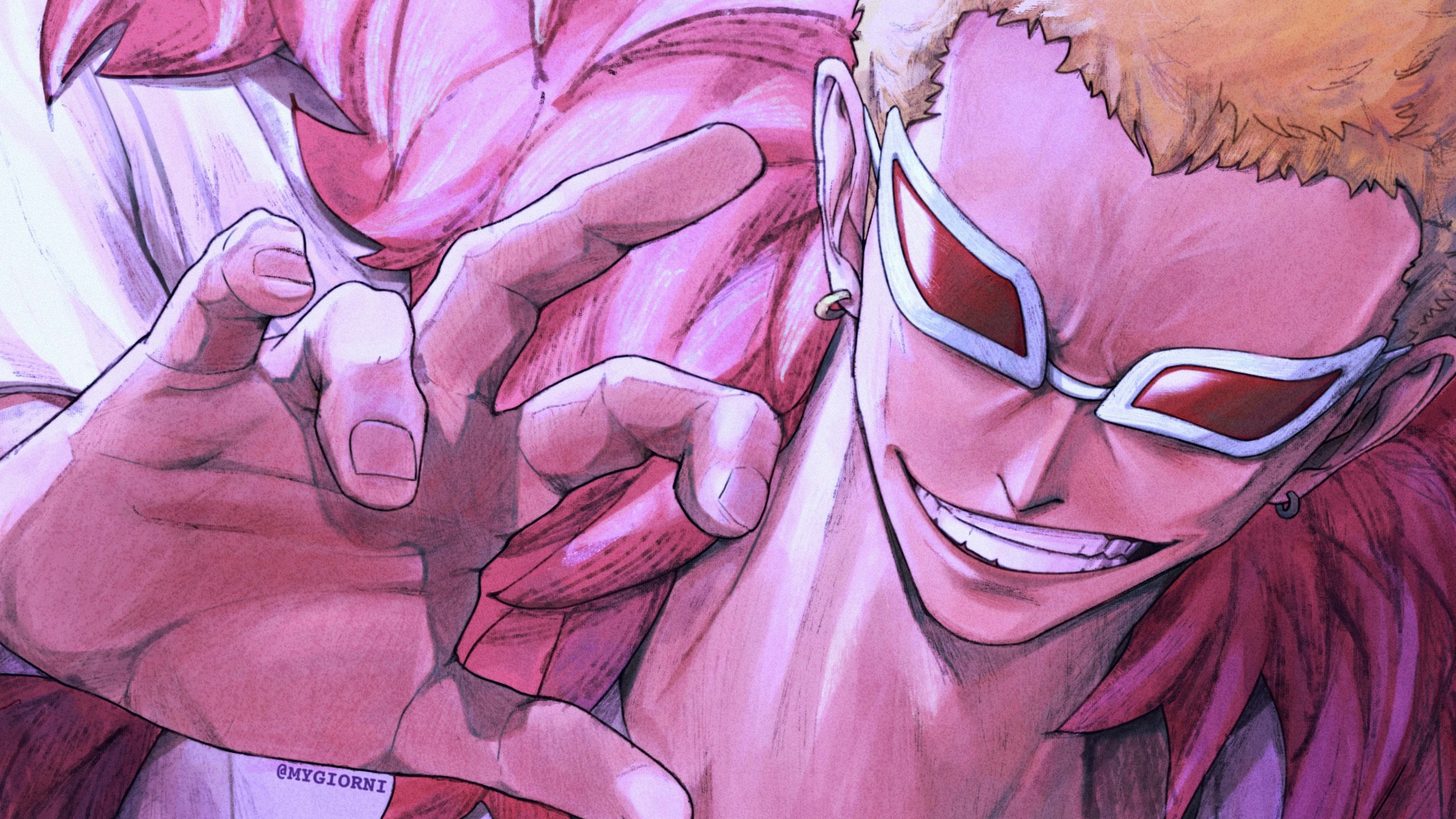 One Piece 5K 桌布 壁紙 — 一個橙色尖髮、戴著白邊紅色眼鏡的動漫角色特寫，他咧嘴笑著，雙手比出心形。