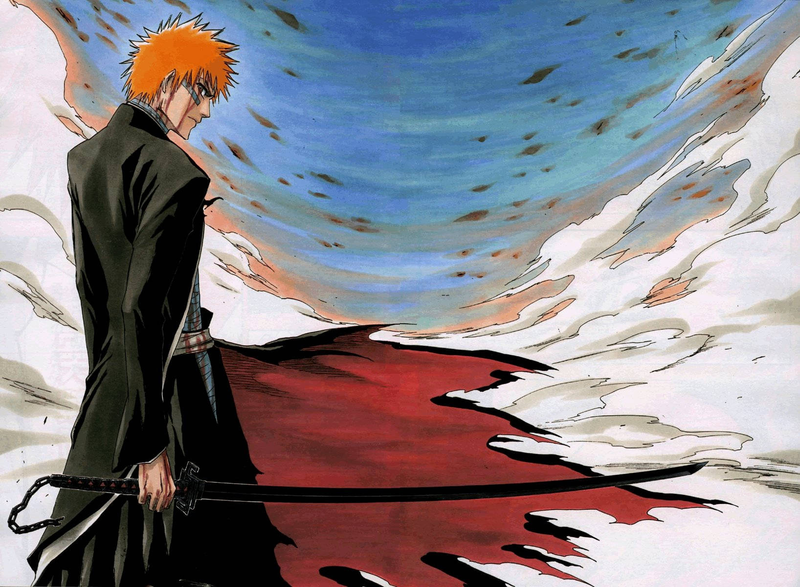 Ichigo Kurosaki 桌布 壁紙 — 一個橙色尖髮的動漫戰士身穿黑色外套，堅定地握劍，背景是旋轉的紅藍天空和白雲。