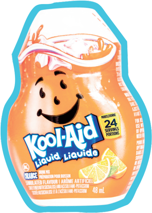 Kool Aid 小幫手 桌布 壁紙 — 一個橙色的Kool-Aid液體包裝，上面有笑臉和檸檬片，背景是白色。