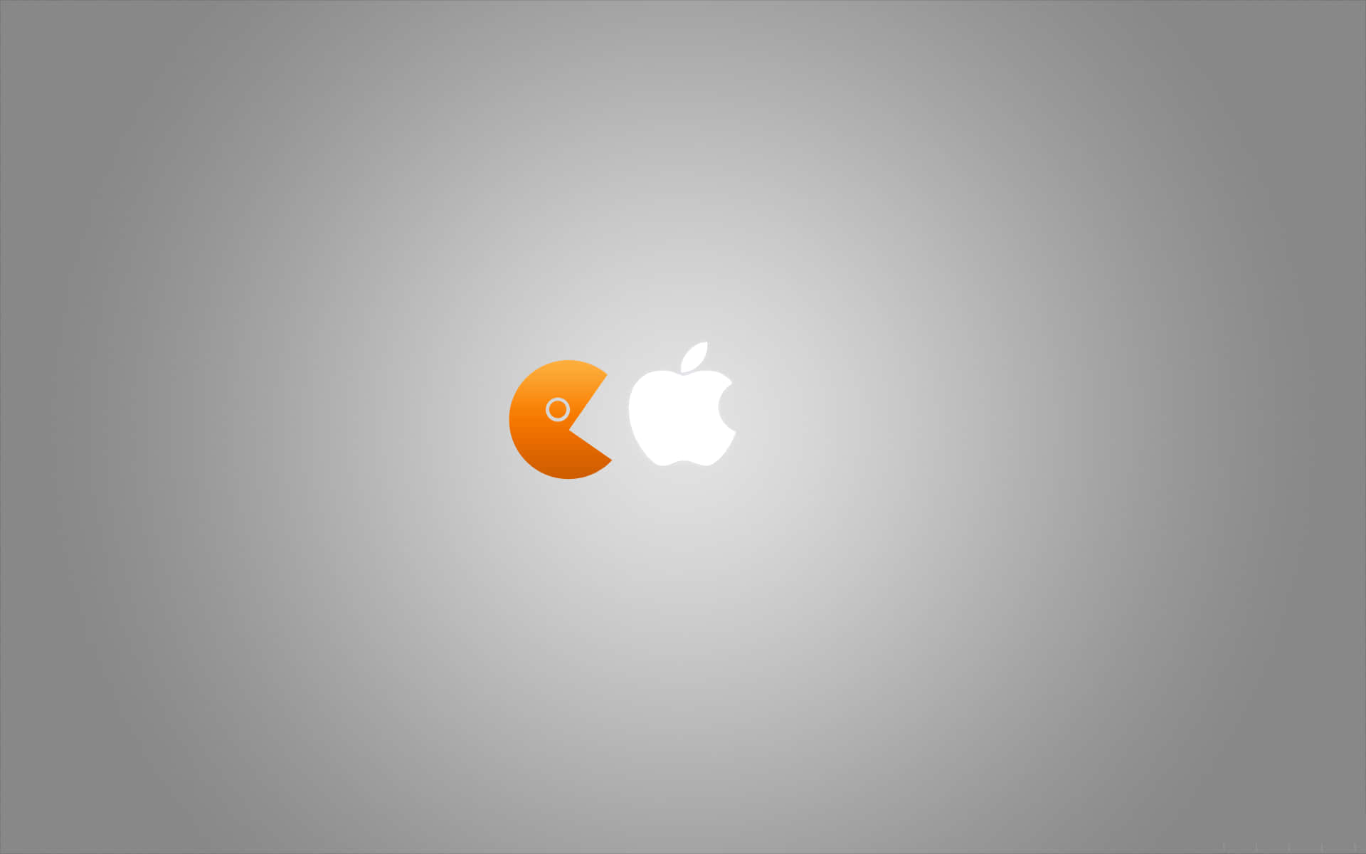Pacman 桌布 壁紙 — 一個橙色的Pac-Man和白色的Apple標誌並排放在柔和的灰色漸變背景上。