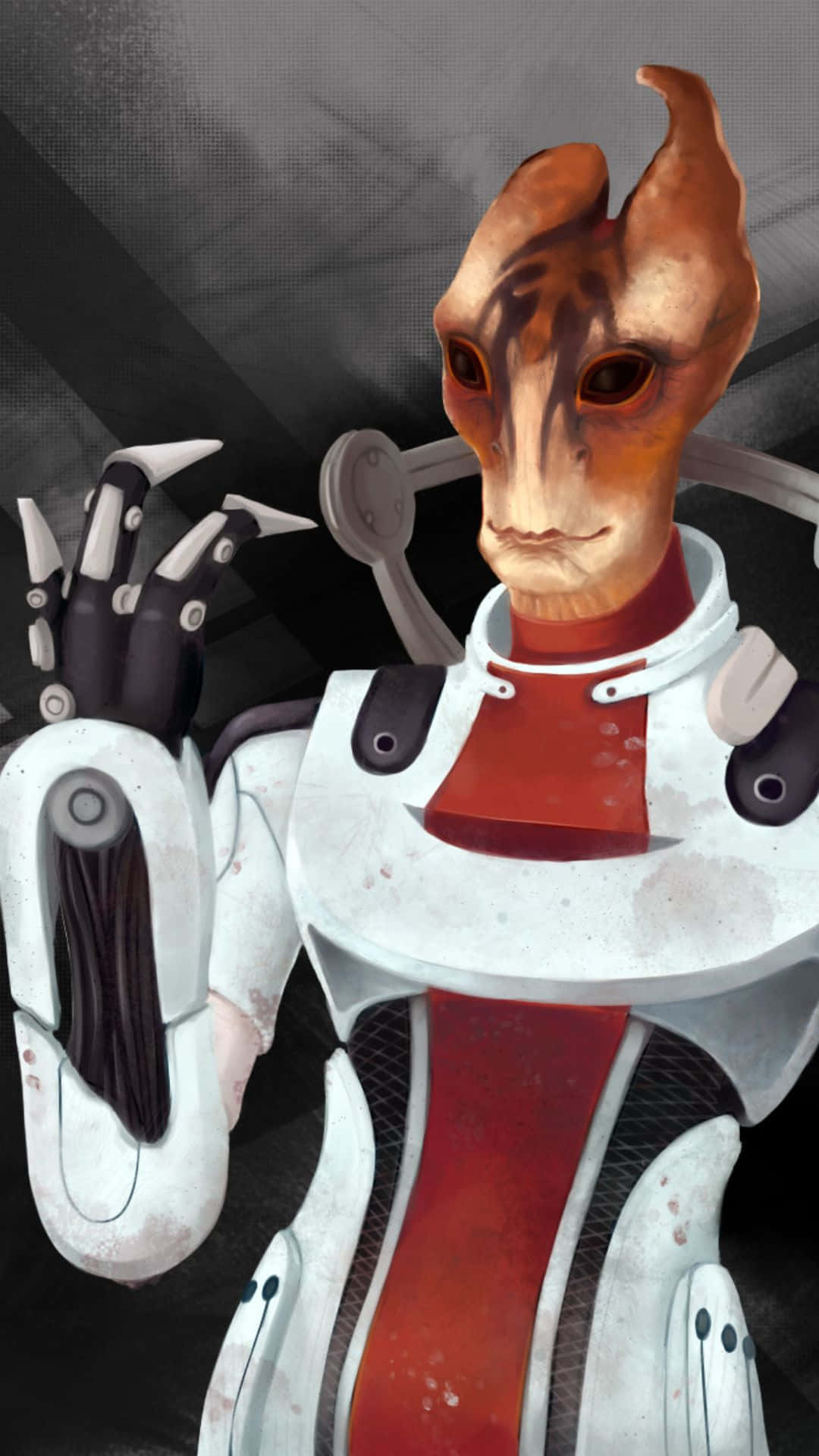 Mordin Solus 桌布 壁紙 — 一個橙色皮膚、有角的人形外星人，穿著白色和紅色的裝甲服，背景為深色紋理。