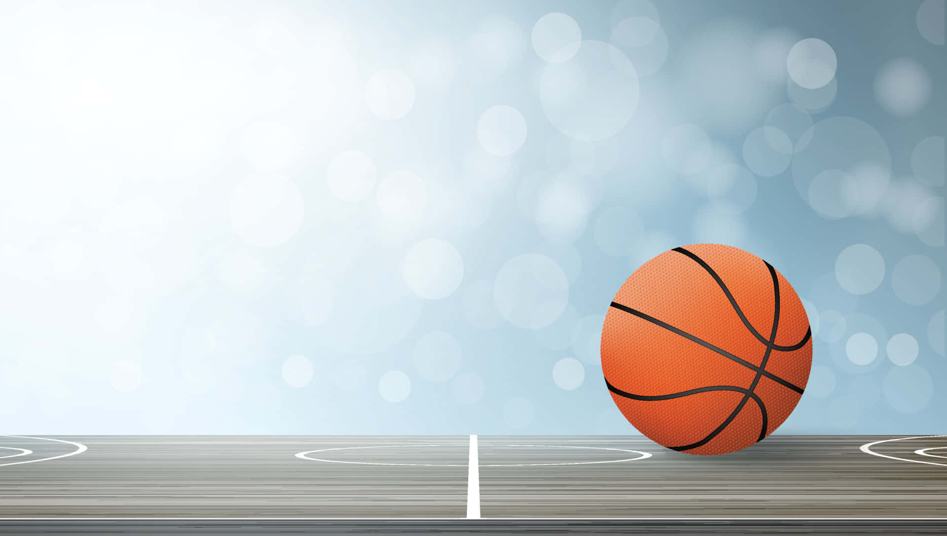 Basketball Court 桌布 壁紙 — 一個橙色籃球放在有白線的木地板上，背景是柔和藍色散景天空。