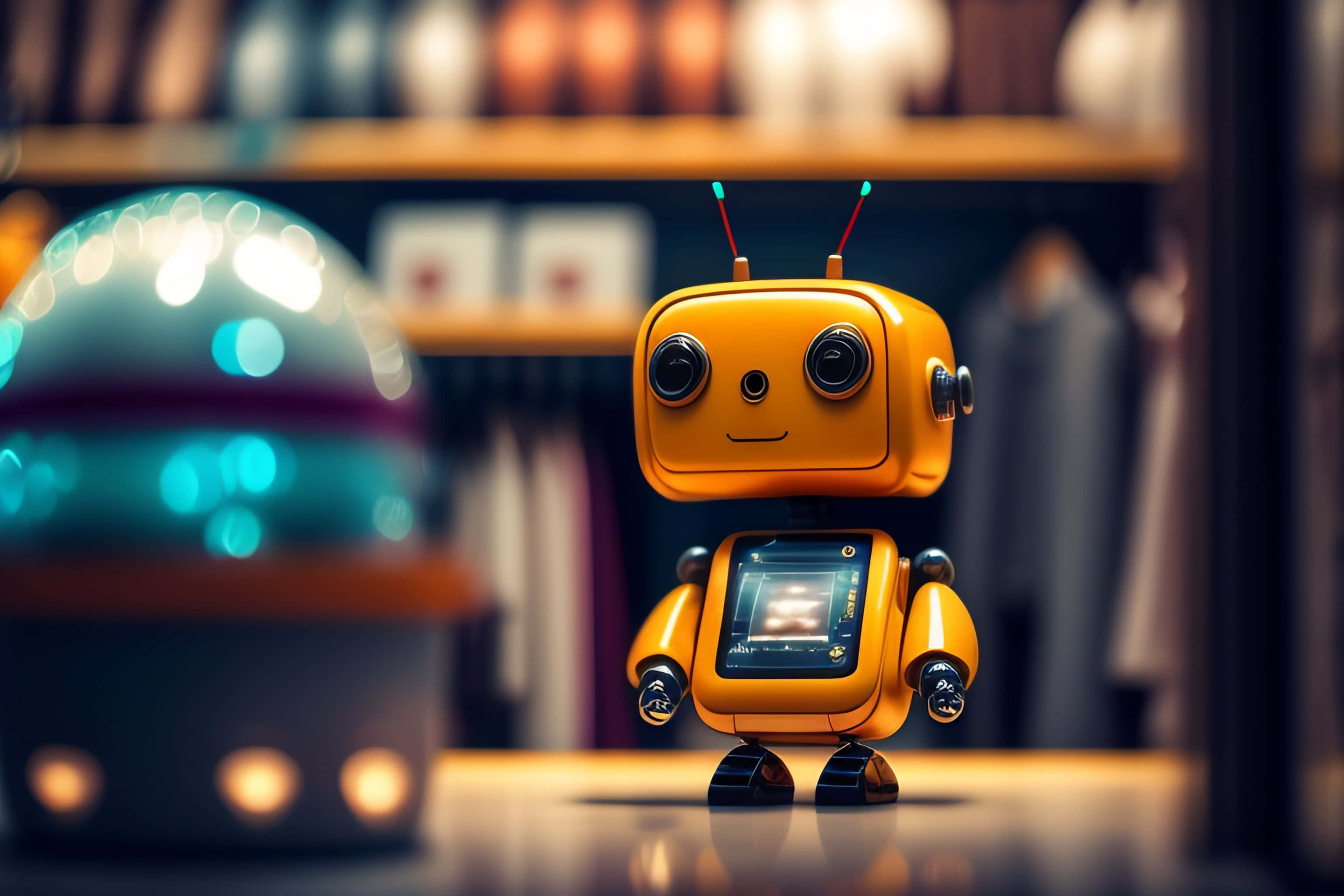 Kawaii Robot 桌布 壁紙 — 一個橙色開心復古機器人，帶有天線眼睛，站在溫暖燈光的商店貨架上，背後有模糊的衣架。