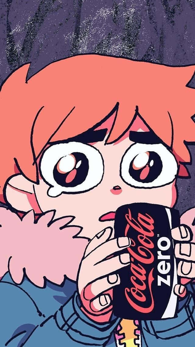 scott pilgrim 桌布 壁紙 — 一個橙色頭髮、大眼睛的卡通角色，在深色紋理背景前拿著一罐可口可樂零度。