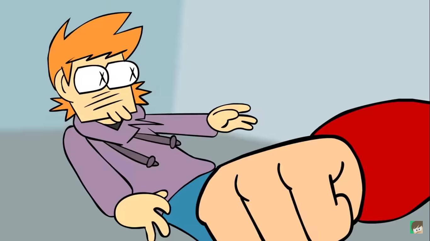 Eddsworld 桌布 壁紙 — 一個橙色頭髮、戴眼鏡的卡通角色被打敗在地上，一隻穿著紅色衣服的大腳籠罩著他們。