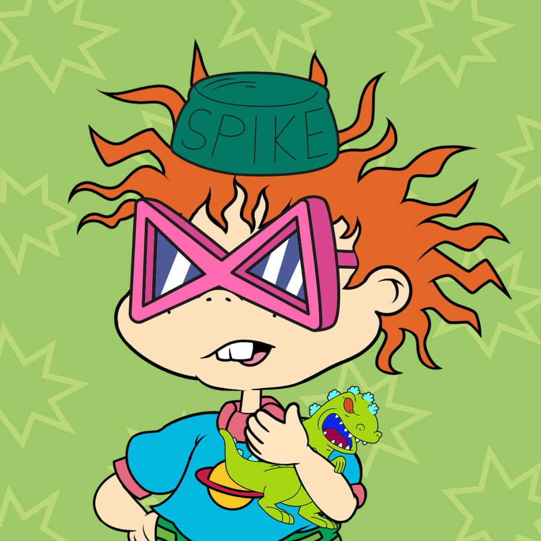 rugrats 桌布 壁紙 — 一個橙色頭髮、戴著粉紅色護目鏡的卡通小孩，在萊姆綠色星星圖案背景前拿著一個綠色恐龍玩具。