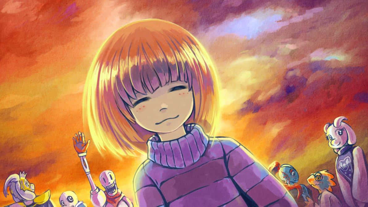 Undertale 桌布 壁紙 — 一個橙色頭髮、穿著紫色毛衣的年輕女孩，在熾熱的日落天空下，周圍有卡通生物，溫柔地微笑。